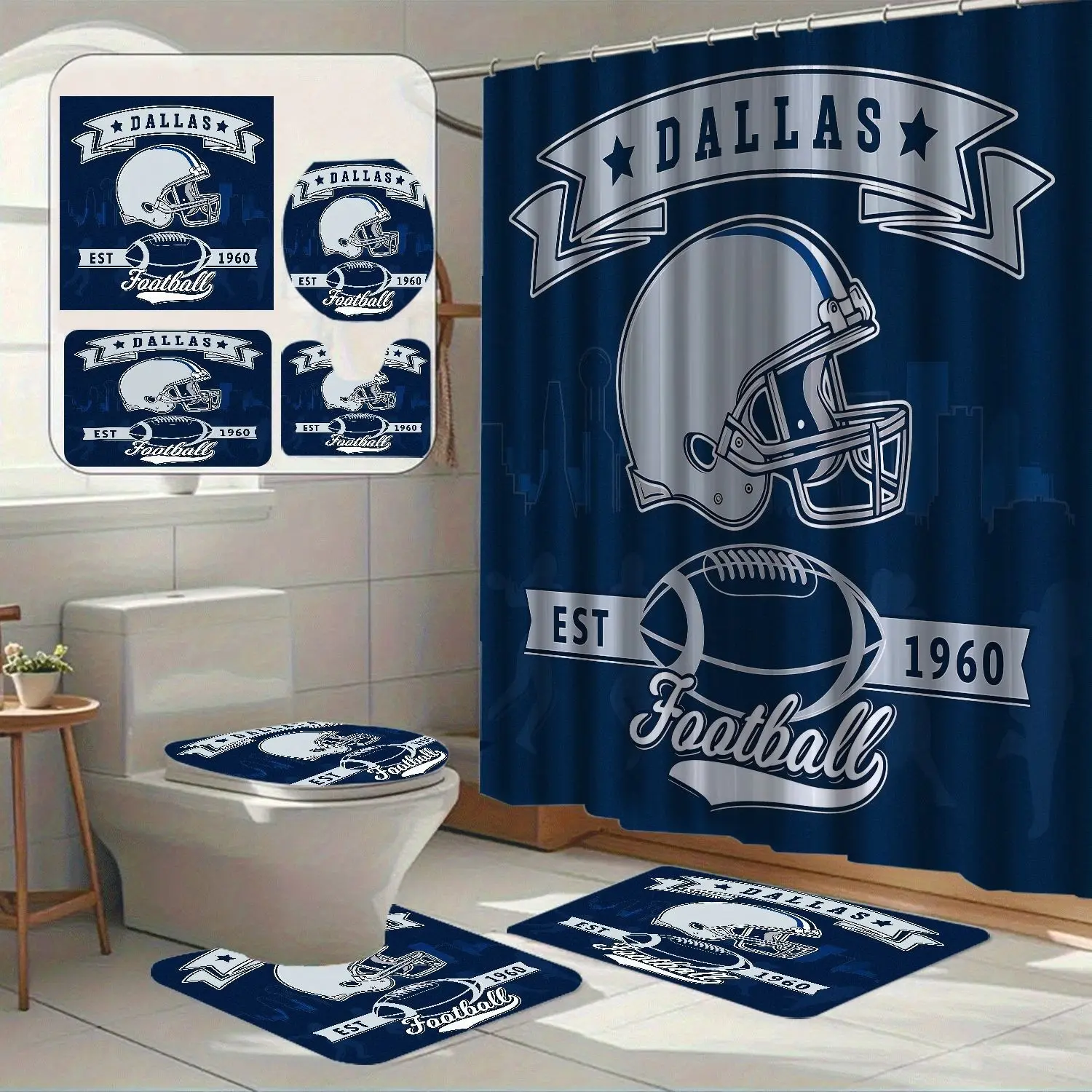 Dallas Football Helmet City Silhouette Print Shower Curtain Set, Fashionable Waterproof Polyester Bath Decor, Bathroom Home Accessories, Shower Stall Curtain
