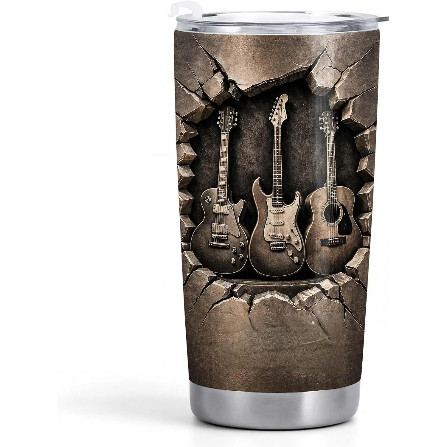 20oz Stainless Steel Thermal Flask - Portable Metal Drinkware, 2D Flat Guitar Music Vintage Cracked Wall Printed Insulated Tumbler with Lid, Gift for Guitar Players, Flasks, Gift Idea