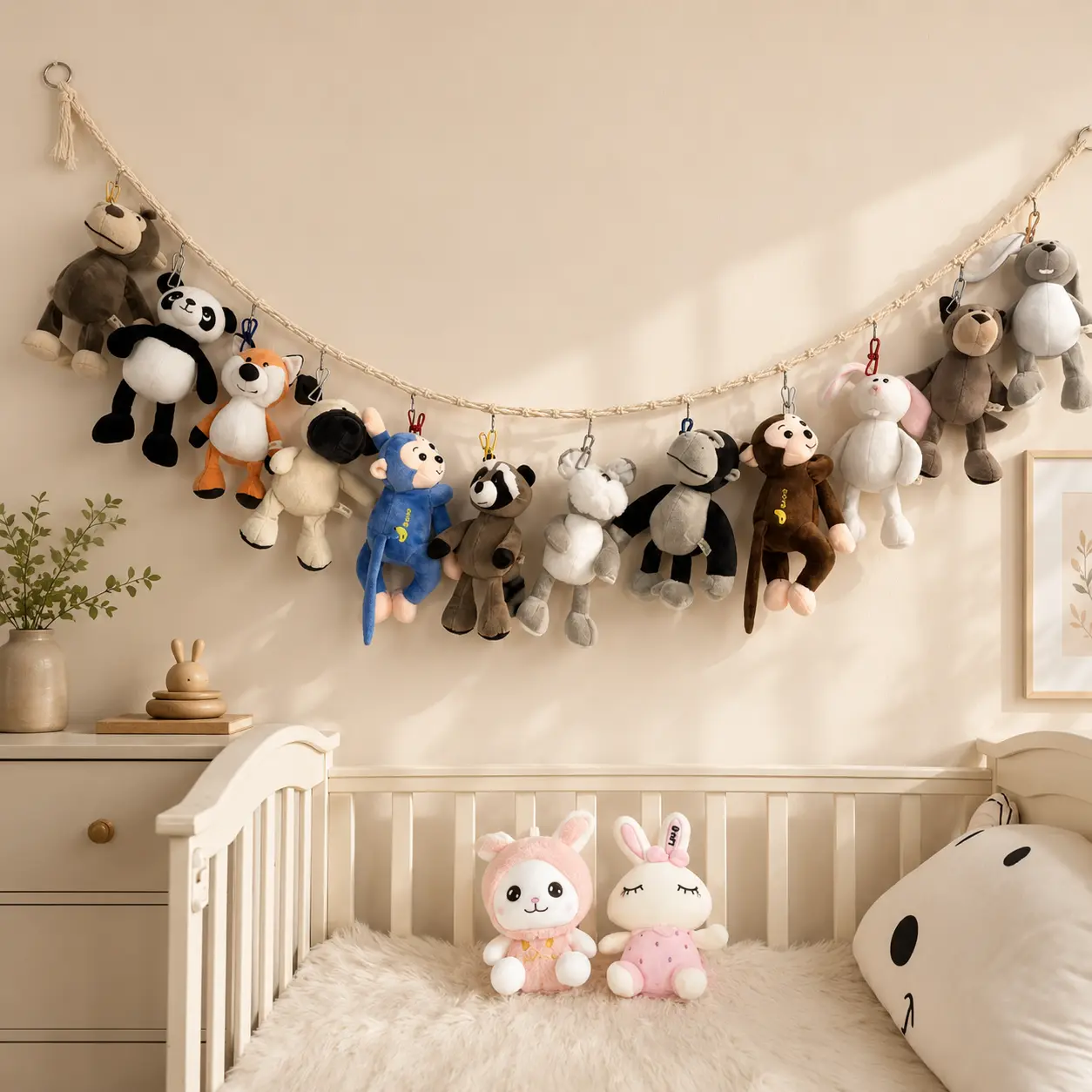 20-Clip Plush Toy Hanging Organizer, 6.56 Ft Beige Woven Storage Rope for Stuffed Animals, Photos, Cards, Nursery, Bedroom and Playroom Display
