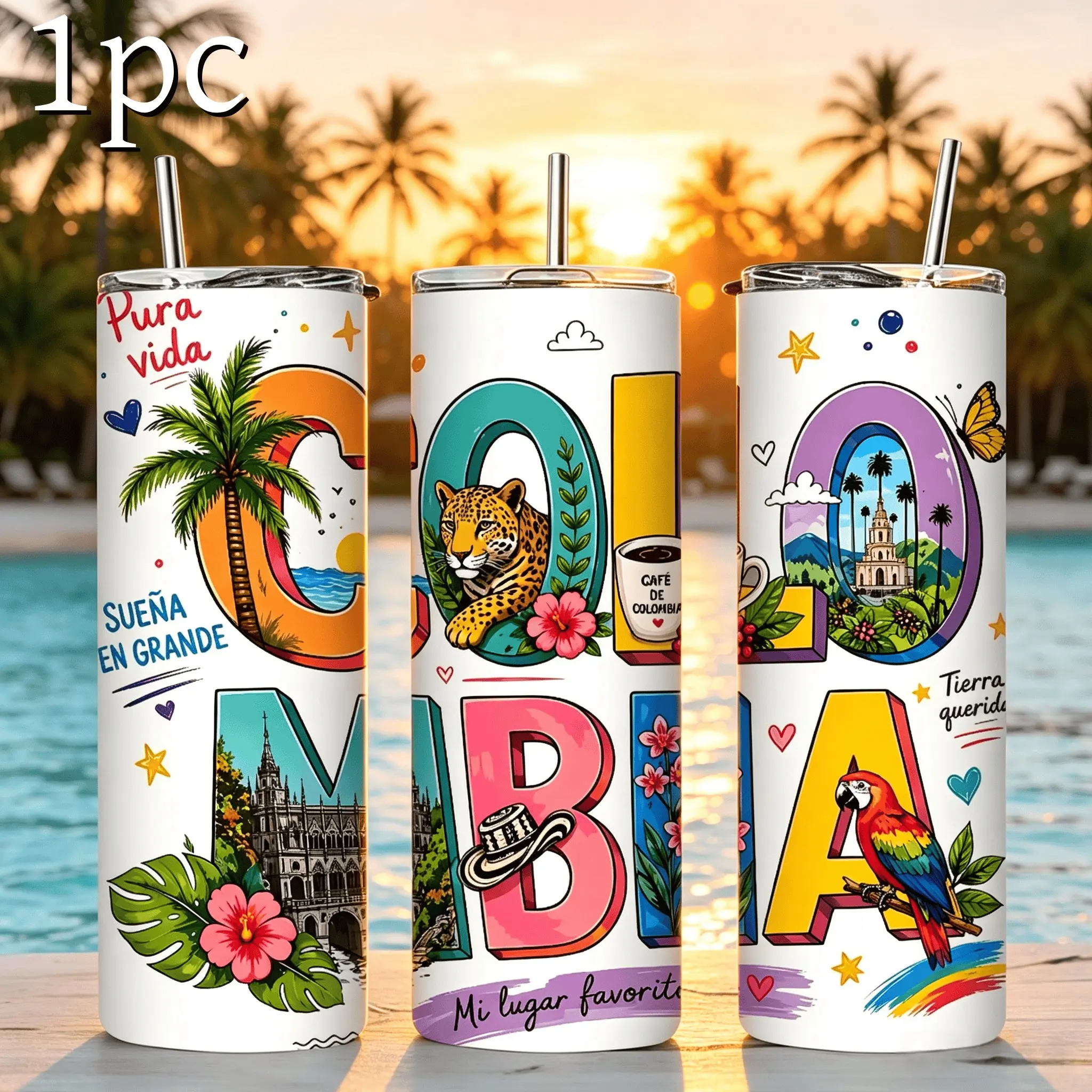 1pc 20oz Skinny Stainless Steel Tumbler With Straw,Colorful Colombia Country Design Water Cup, Jaguar Macaw Palm Tree Print Vacuum Insulated Travel Coffee Mug,17oz cylindrical car-mounted insulated cup,Patriotic Travel Gift for Colombian Natives & Expats