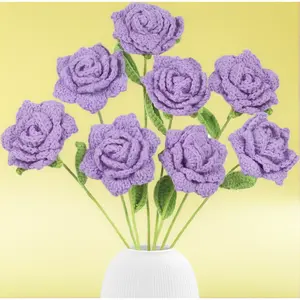 8PCS Purple Crochet Flowers Handmade Knitted Rose Crochet Roses Artificial Woven Flowers for Mother Day Graduation Valentines Day Home Birthday Decor(Purple)