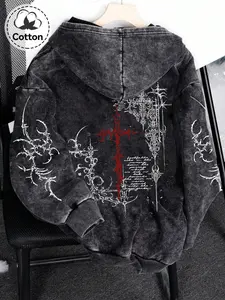 Men's Zip-Up Hoodie with Graphic Thorn Cross Print, Casual Cotton Spring & Fall Cardigan for Daily Wear, Loose-Fitting Hooded Sweatshirt