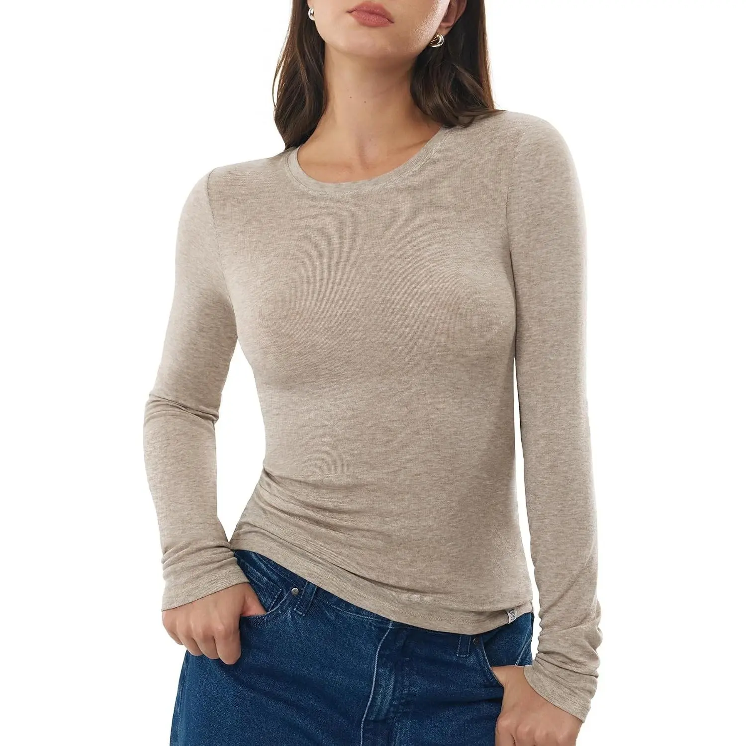 Women's Merino Wool Blend Long Sleeve Crew Neck Fitted Basic Tee ShirtGift