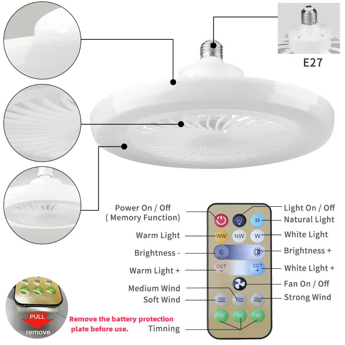 3 in 1 Ceiling Fan Light, E27 Socket Fan Light with Remote Control, Dual Function Cooling and Lighting Fan Light for Bedroom Living Home