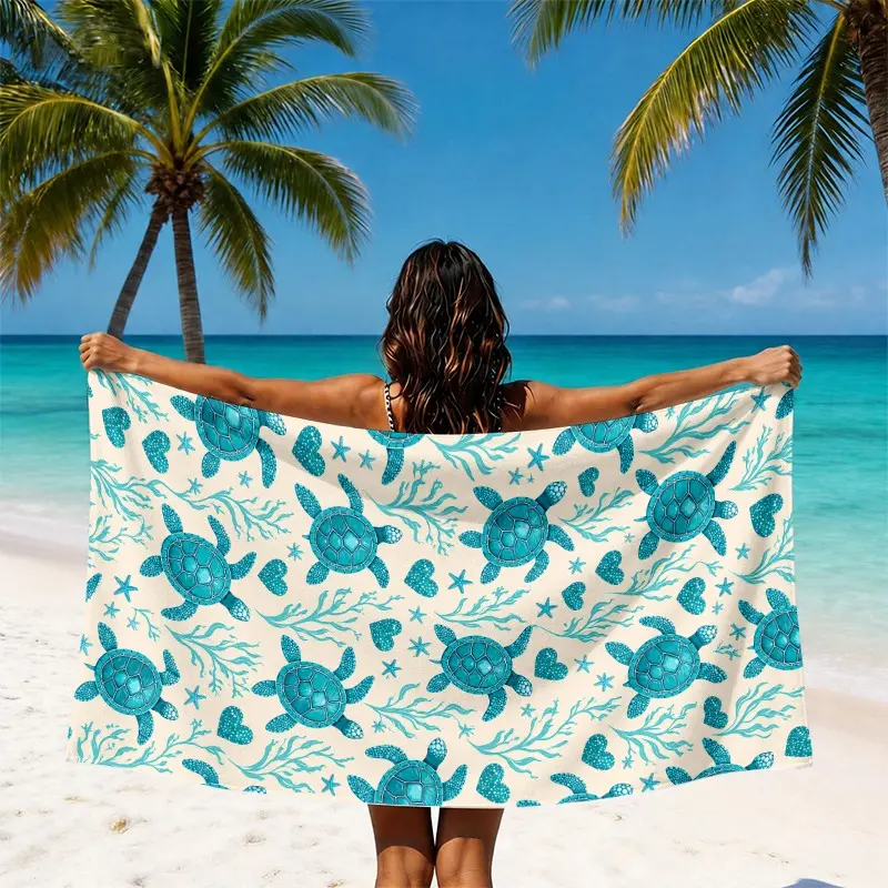 1pc Sea Turtle Ocean Beach Towel, Turquoise Turtle Coral and Starfish Print, Absorbent and Sand Resistant with Coastal Vibes, for Beach, Pool and Travel, Gift for Ocean Lovers