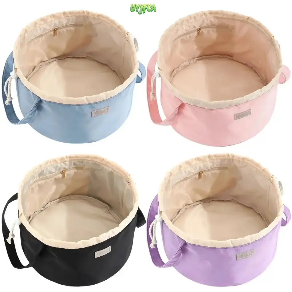 Lazy Drawstring Barrel Makeup Bag,Drawstring Bag, Waterproof Large Capacity Travel Toiletry Organizer with Inner Zipper Pocket, Dual Closure Portable Cosmetic Pouch with Handles, Spacious Vanity Bag for Daily Skincare Vacation everyday makeup,summerwins