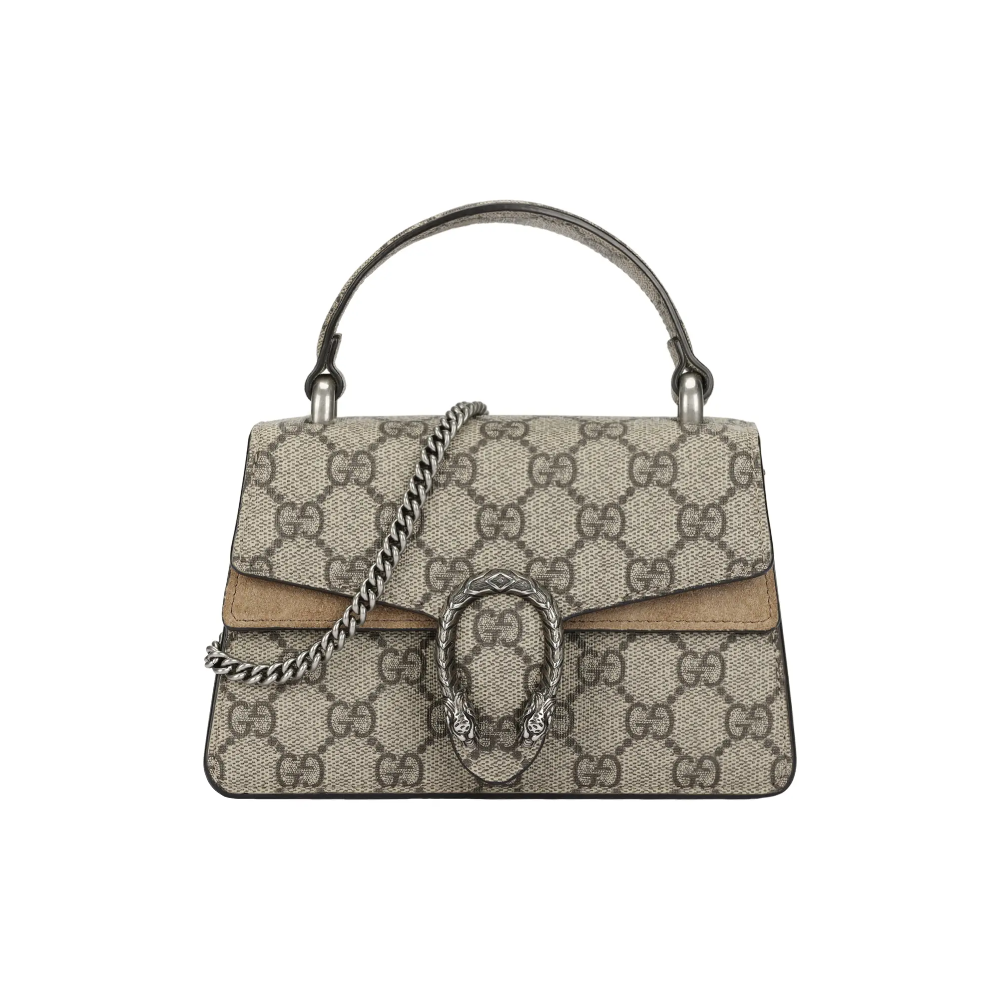Gucci Vintage Monogram Canvas Mini Crossbody Bag for Women with Magnetic Tiger-Head Closure, Beige and Ebony