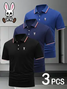 Men's Golf Polo Shirts Set of 3, Skull Rabbit Print, Stretchy Casual Breathable, All-Season Comfortable High-End Collared Shirt