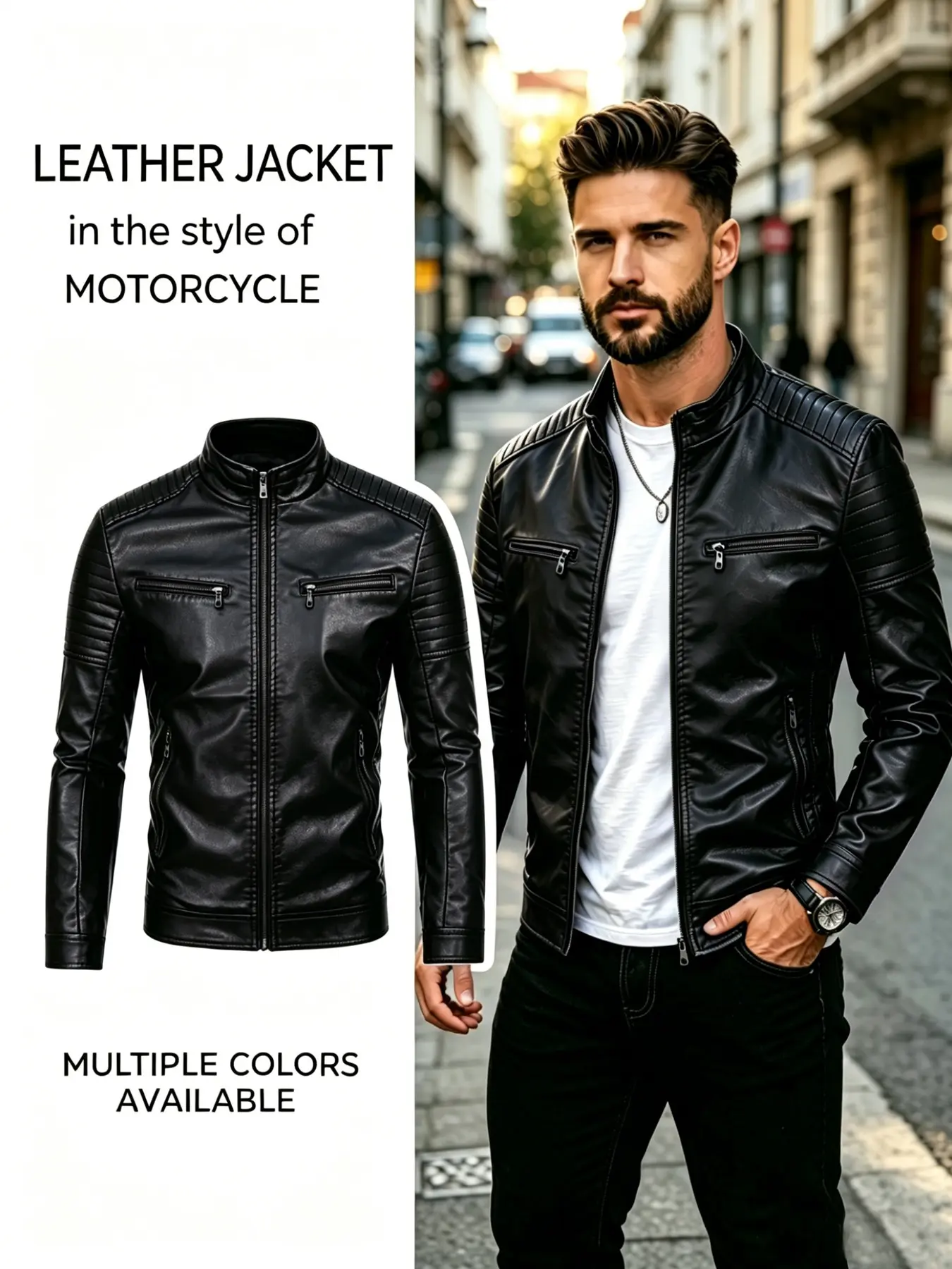Men's Autumn Winter Stand Collar Casual Leather Jacket, Outdoor Motorcycle Riding Trendy Zipper Pocket Coat, Youth Solid Color Men's Outerwear