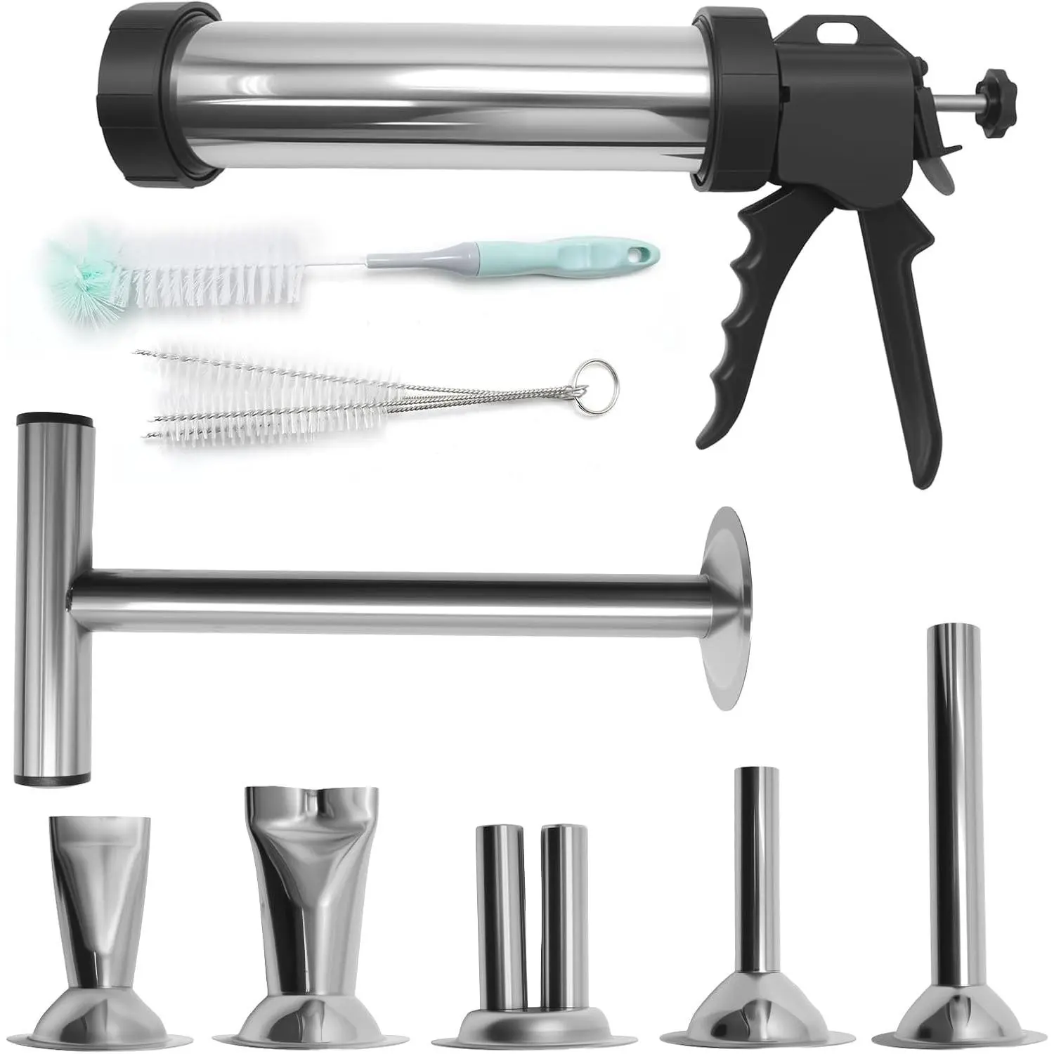 Stainless Steel Jerky Maker and Meat Gun with 5 Nozzle Tips & 5 Cleaning Brushes for Food Enthusiasts