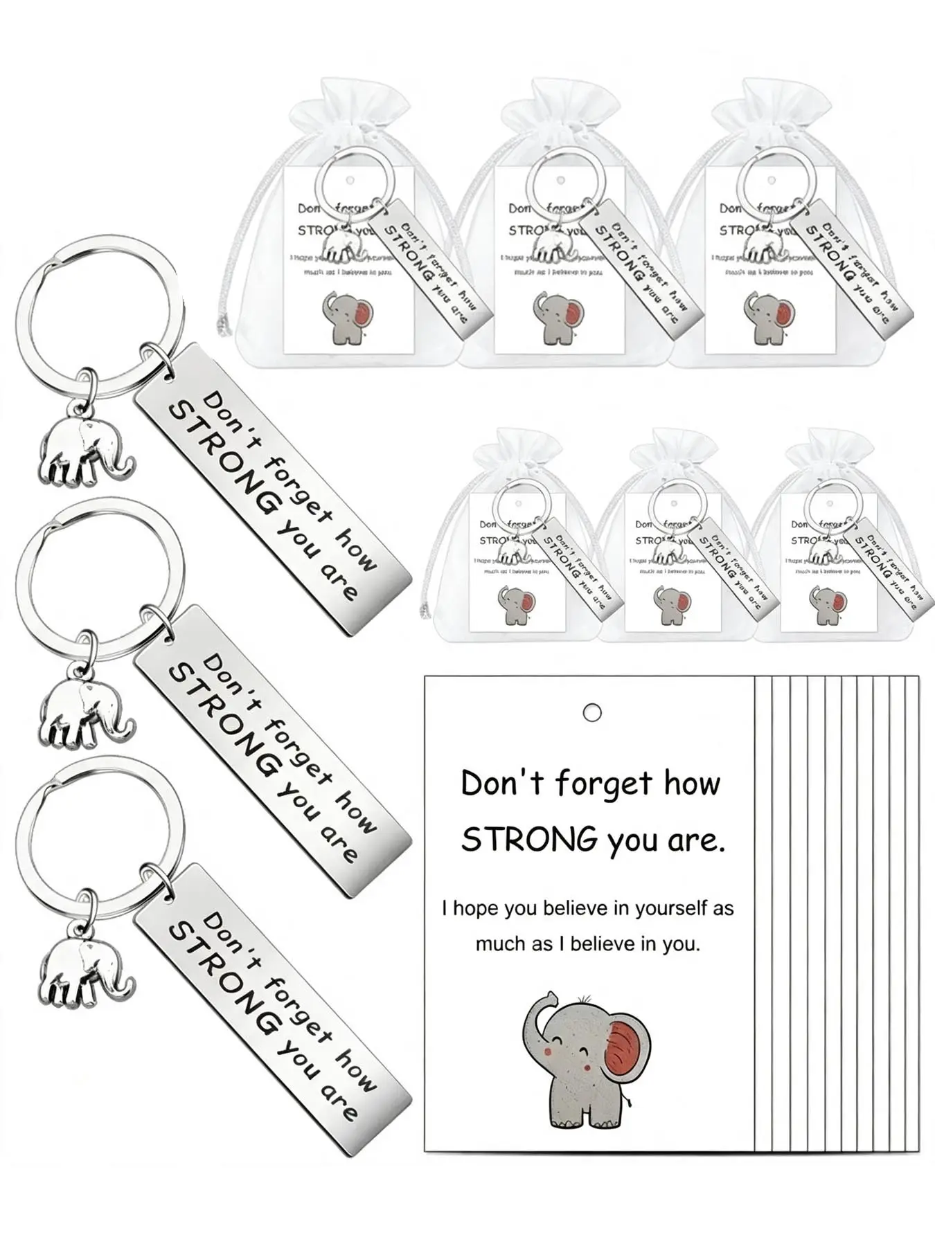 Gift for Her/Him 6 Sets, Elephant Themed Party Gift Set, Inspirational Keychain for Adults, Don'T Forget How STRONG You Are. Christmas Gifts, Retirement Party, Birthday Party, Wedding Party, Gifts to Thank Employees And Colleagues