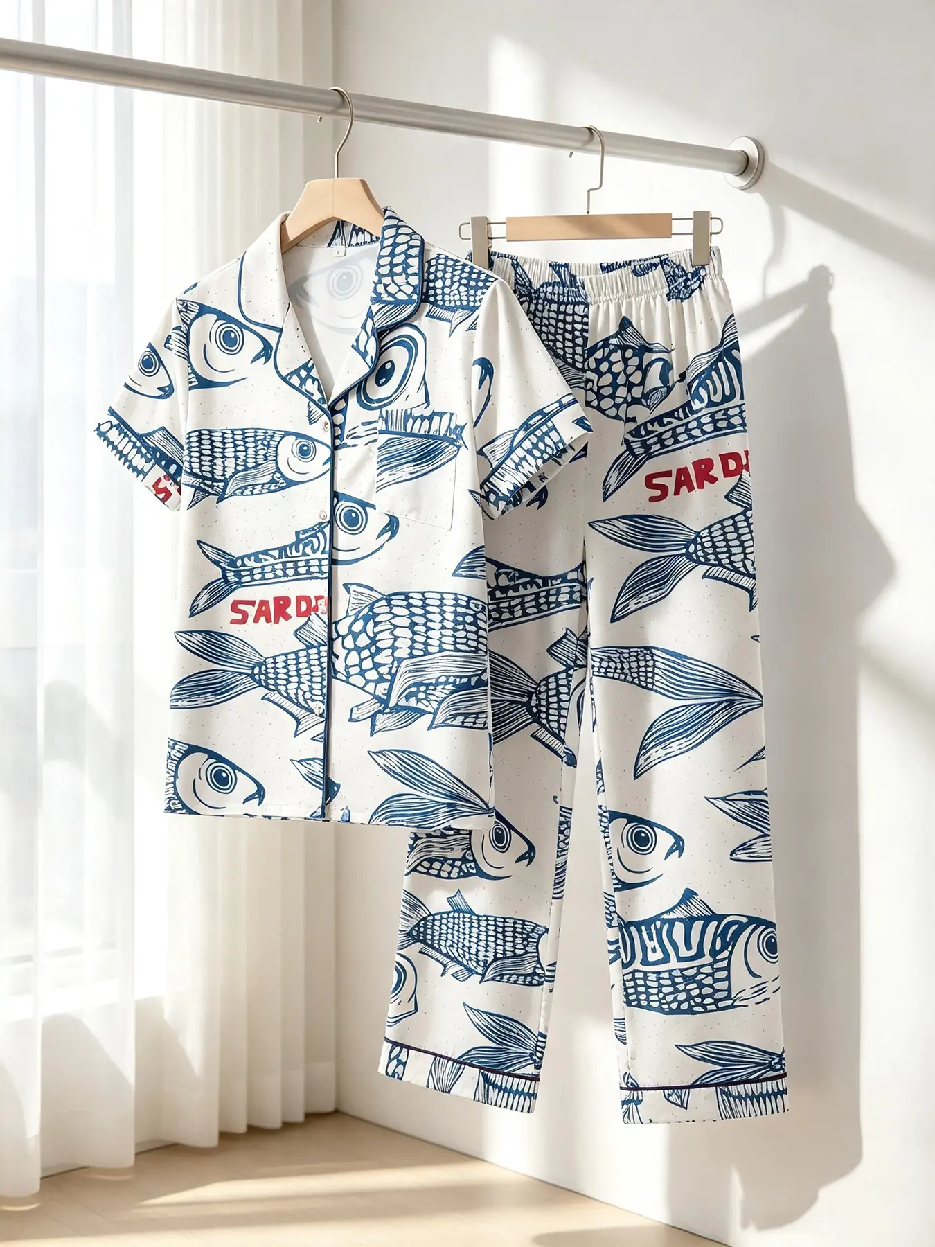 Vintage Ocean Fish Graphic Pajama Set For Women, Short‑Sleeve Cardigan Top, Long Trousers, All‑season Wearable, Korean Street Aesthetic Loungewear, Snug Indoor‑only Outfit