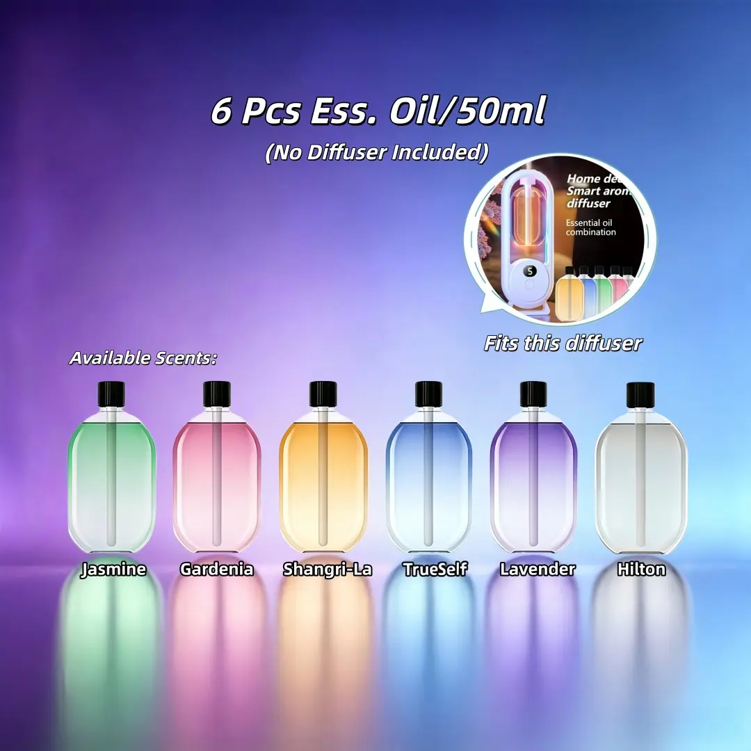 6 Bottles 50ML Fragrance Essential Oil Refill Liquid, Diffuser Oils, Compatible with the Aroma Diffuser in the Main Image,Jasmine, Gardenia, Shangri-La, Lavender, Hilton, Onlytrueself Scents Available