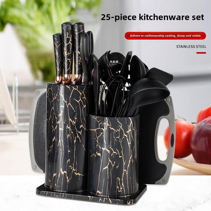 Kitchen Knife Set with Storage Holder, 25pcs/set Including Stainless Steel Knives & Scissors & Spatula & Tongs & Whisk & Cutting Board, Modern Home Kitchen Utensils Set, Kitchenware