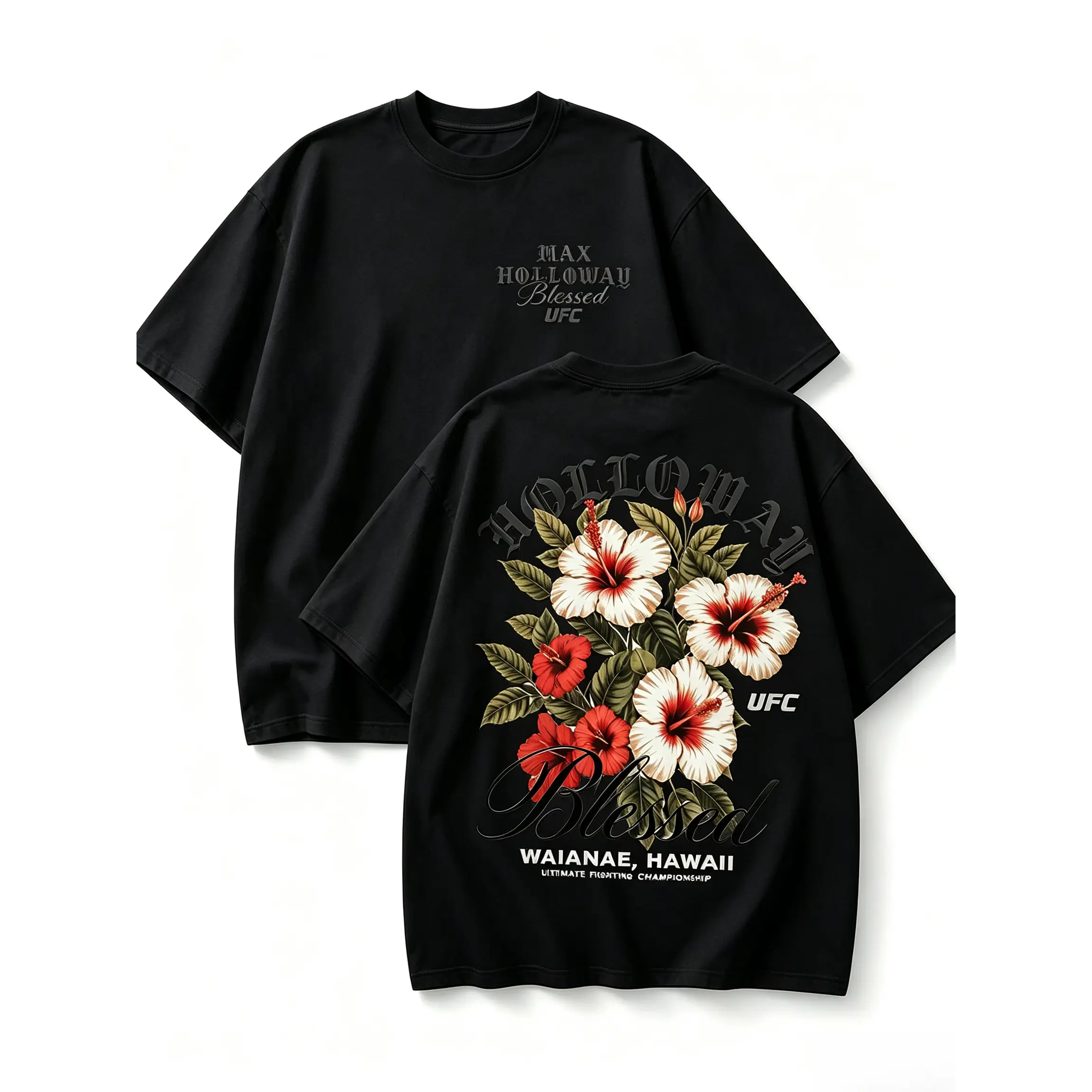Max Holloway Blessed Double Sided Graphic Tee, UFC Hawaiian Floral MMA Fan Vintage Washed T Shirt for Men