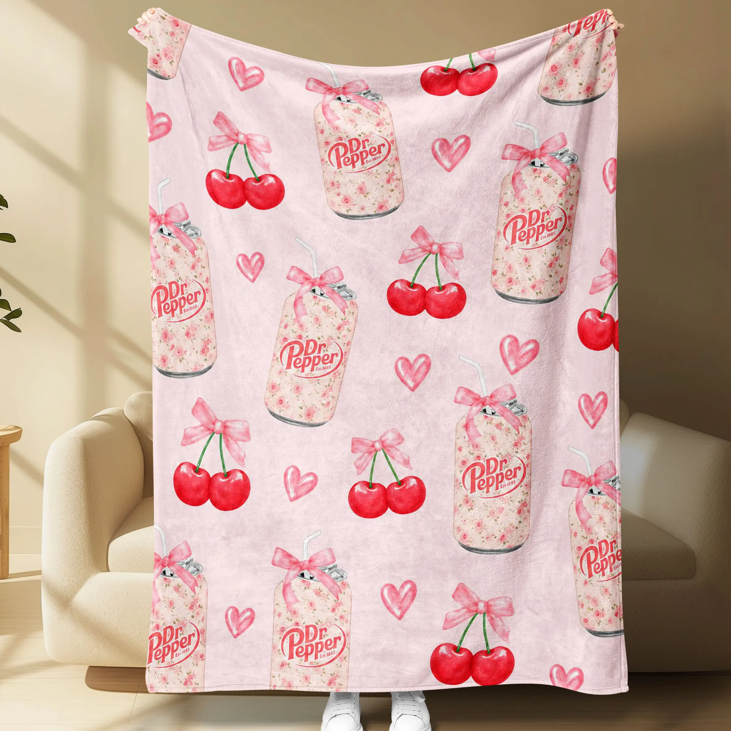 Dr Pepper Cherry Flannel Blanket, Soft Light Plush Throw, Floral Soda Can Bow, Cozy Girly Blanket for Sofa Bed Nap Travel Gift, Giftable Blankets
