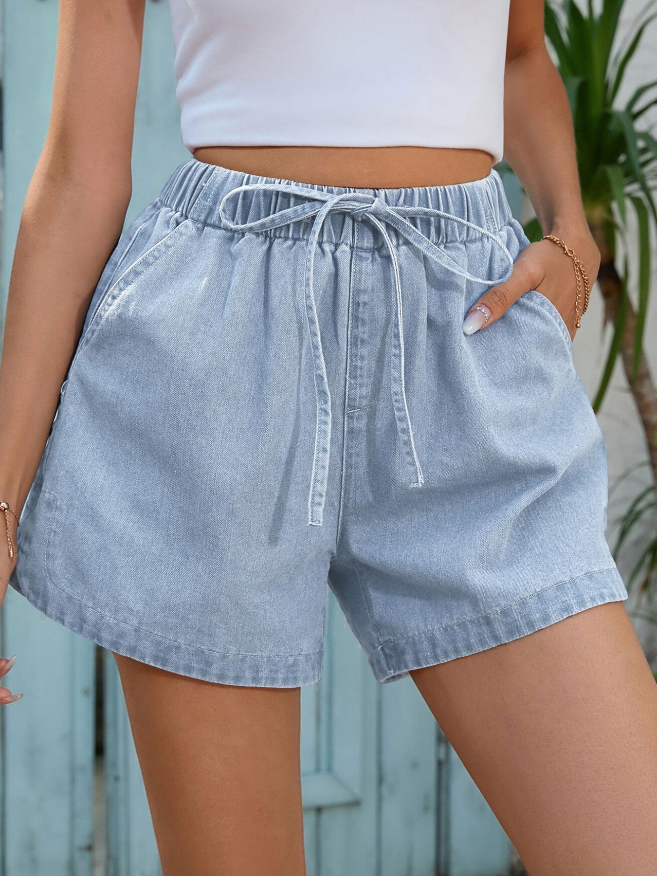 Women's Drawstring Waist Denim Shorts, Casual Comfy Denim Shorts for Summer, Fashion Women's Bottoms for Daily Wear, Cottage Core Shorts, Casual Boho Shorts