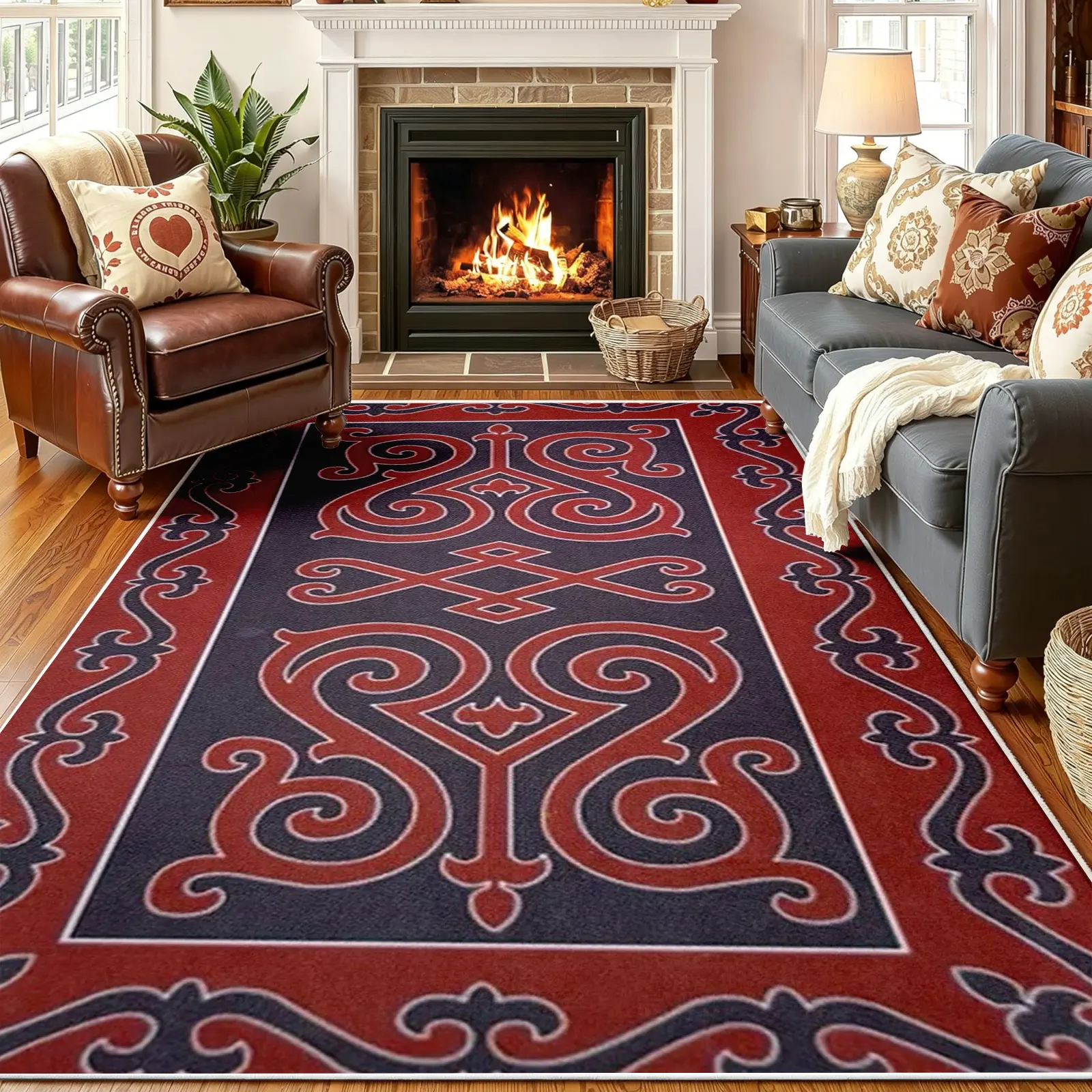 Medieval Celtic Area Rug, Navy Blue Base with Symmetrical Red Scrollwork and Central Interlocking Knot Motif, Non-Slip Washable Carpet, Soft Durable Floor Mat, Aesthetic Rugs for Living Room Bedroom Home Decor, 8 x 10 ft Area Rugs