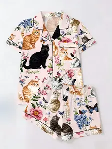 Cute Cat Garden Print Short Sleeve Shorts Set, Fitted Casual Homeewear for Women, Loungewear, All Seasons Wear, Two-Piece Sleepwear