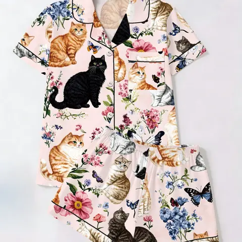 Cute Cat Garden Floral Print Short Sleeve Top Shorts Pajama Set, Fitted Casual Aesthetic Homeewear for Women, Casual Style Loungewear, All Seasons Wear, Two-Piece Sleepwear