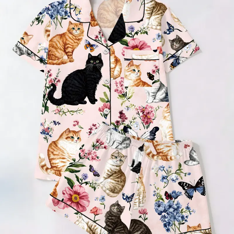 Cute Cat Garden Floral Print Short Sleeve Top Shorts Pajama Set, Fitted Casual Aesthetic Homeewear for Women, Casual Style Loungewear, All Seasons Wear, Two-Piece Sleepwear