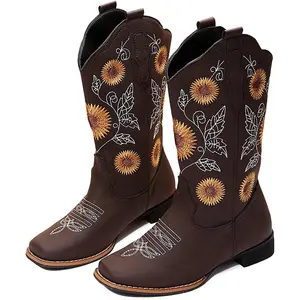 Cowboy Boots  Women Mid Calf Cowgirl Western Boots Sunflower Embroidery Stitched Square Toe Low Heel Black Brown Yellow US6-10.5