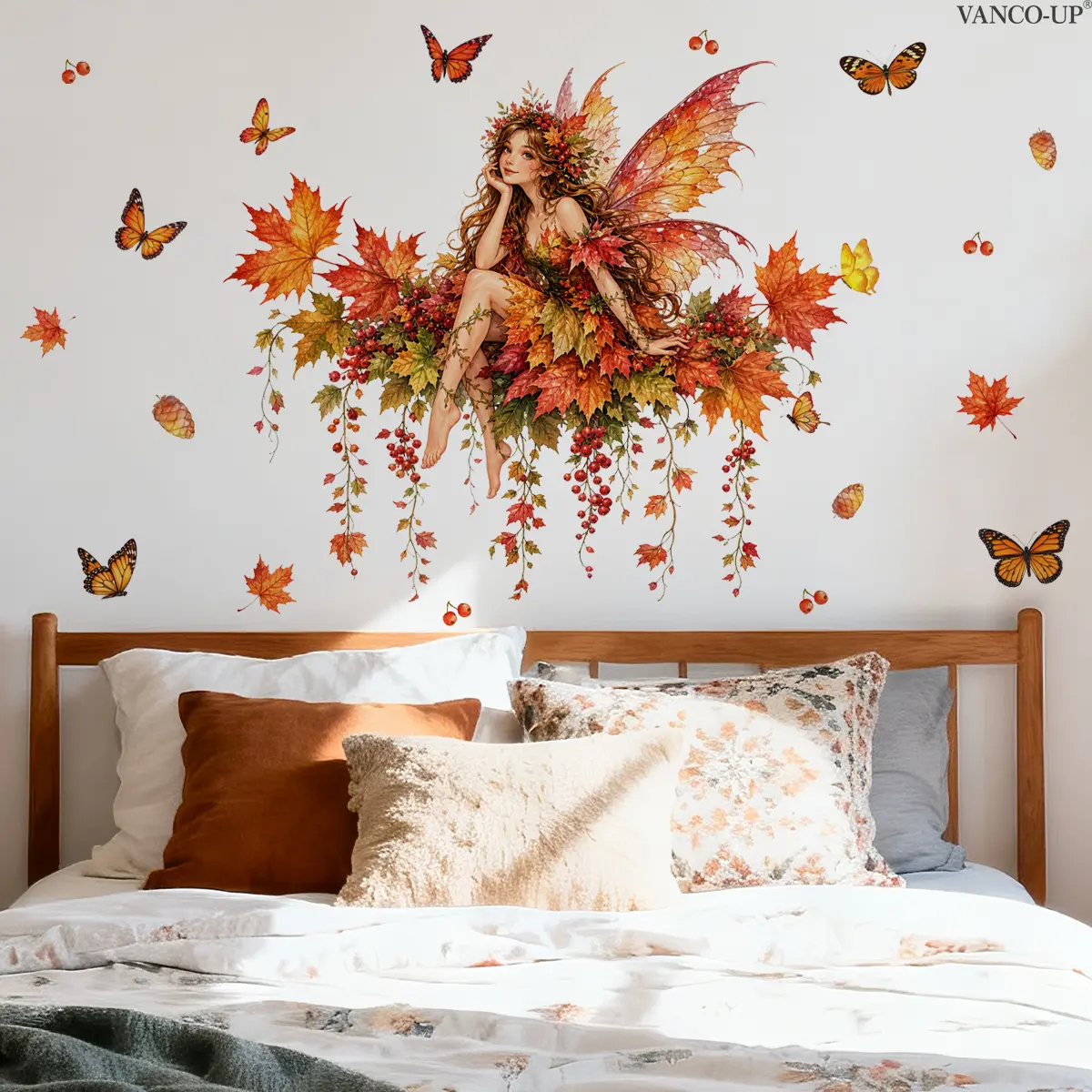 2Pcs Set (3090cm2pcs) Watercolor Autumn Maple Leaf Fairy Self-Adhesive Wall Stickers with Butterfly & Berry Elements, Soft Atmosphere Wall Decals for Bedroom Bedside Decor Cute Wall Decor