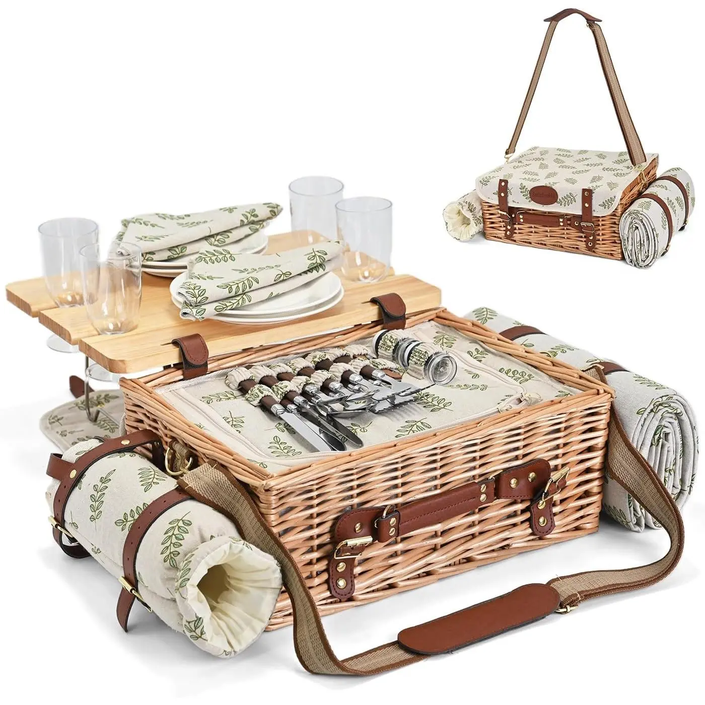 Multifunctional Wicker Picnic Basket Set for 4 with Blanket and Picnic Table, Insulated Picnic Set with Full Tablewares for Camping Outdoor Couples