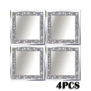 4pcs Luxury European Style Rhombus Decorative Mirrors, Wall-Mounted Mirror for Living Room and Dining Room, Elegant Diamond-Embedded Design