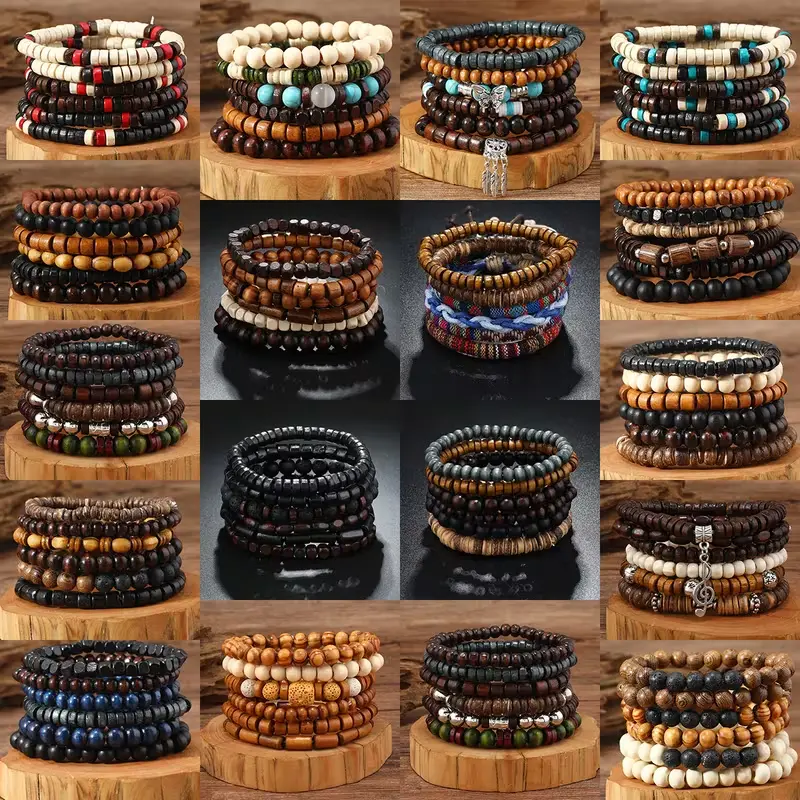 40Pcs Multilayered Boho Vintage Wooden Beaded Charm Bracelet Set - Layered Stack Bangles, Bracelet Stacks, Unisex Retro Jewelry, Earthy/Multicolor Beads, Daily Wear Gift for Men/Women, Matching Sets