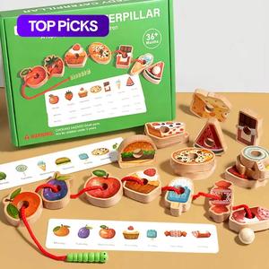 wooden greedy caterpillars rope and bead game, 1 set educational string beaded toys, creative toys for focusing logical thinking training, shape sorter