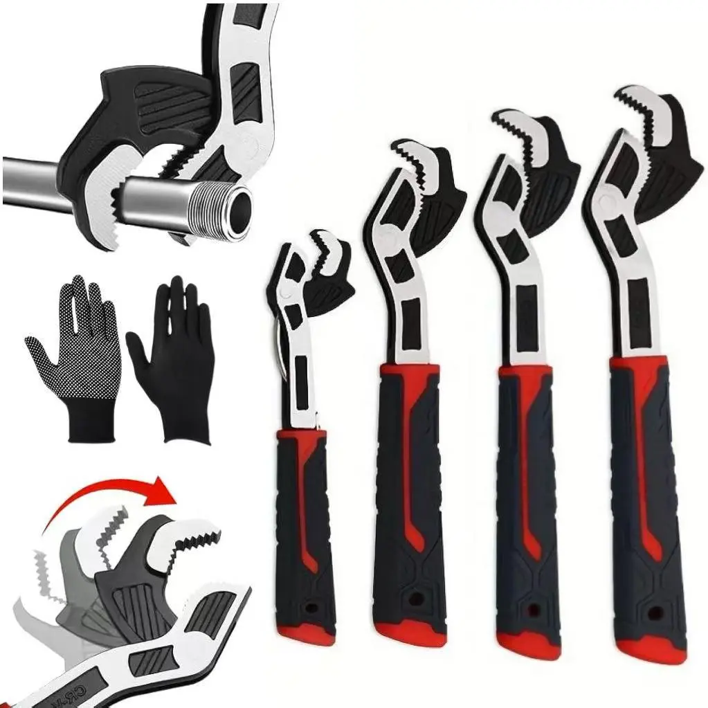 4-Piece Self-Locking Adjustable Wrench Set (6/8/10/12 in) - Cr-V Steel, Non-Slip Grip Handle, Hand Tools for Home Repair, Plumbing Pipe Work, Mechanics & DIY Enthusiasts, Ideal Father's Day Gift