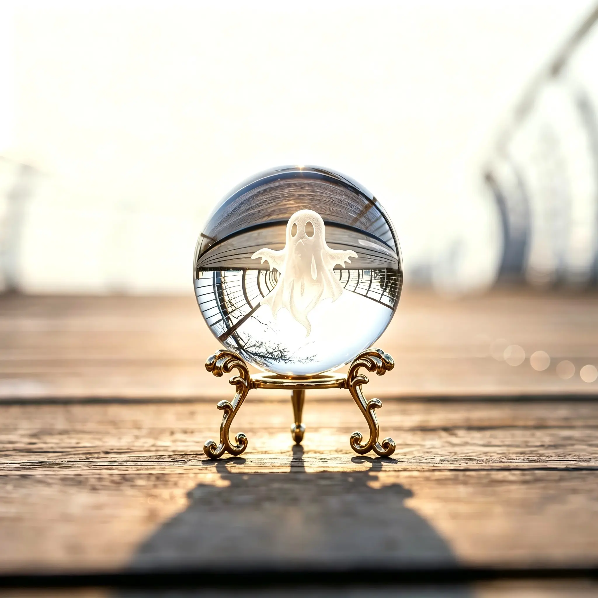 Elegant Halloween Ghost 3D Laser Engraved Crystal Ball with Golden Base, High Transparent Synthetic Crystal Ornament for Home Party Holiday Decor Gif