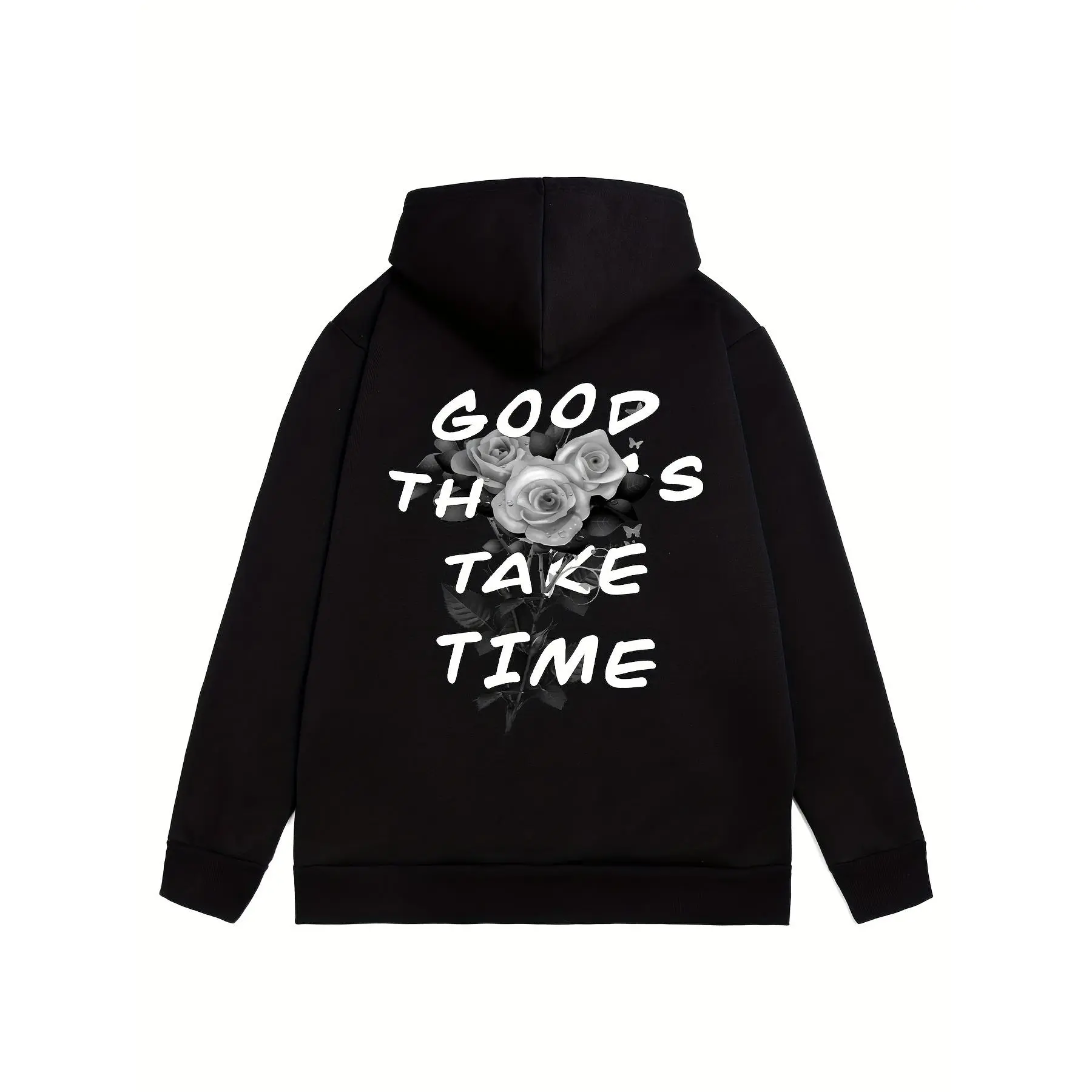Women'S Casual Hooded Sweatshirt with Rose Graphic, Vintage Street Style, Long Sleeve, Knit Cotton, Slight Stretch, Loose Fit, Winter Warmth, - Black