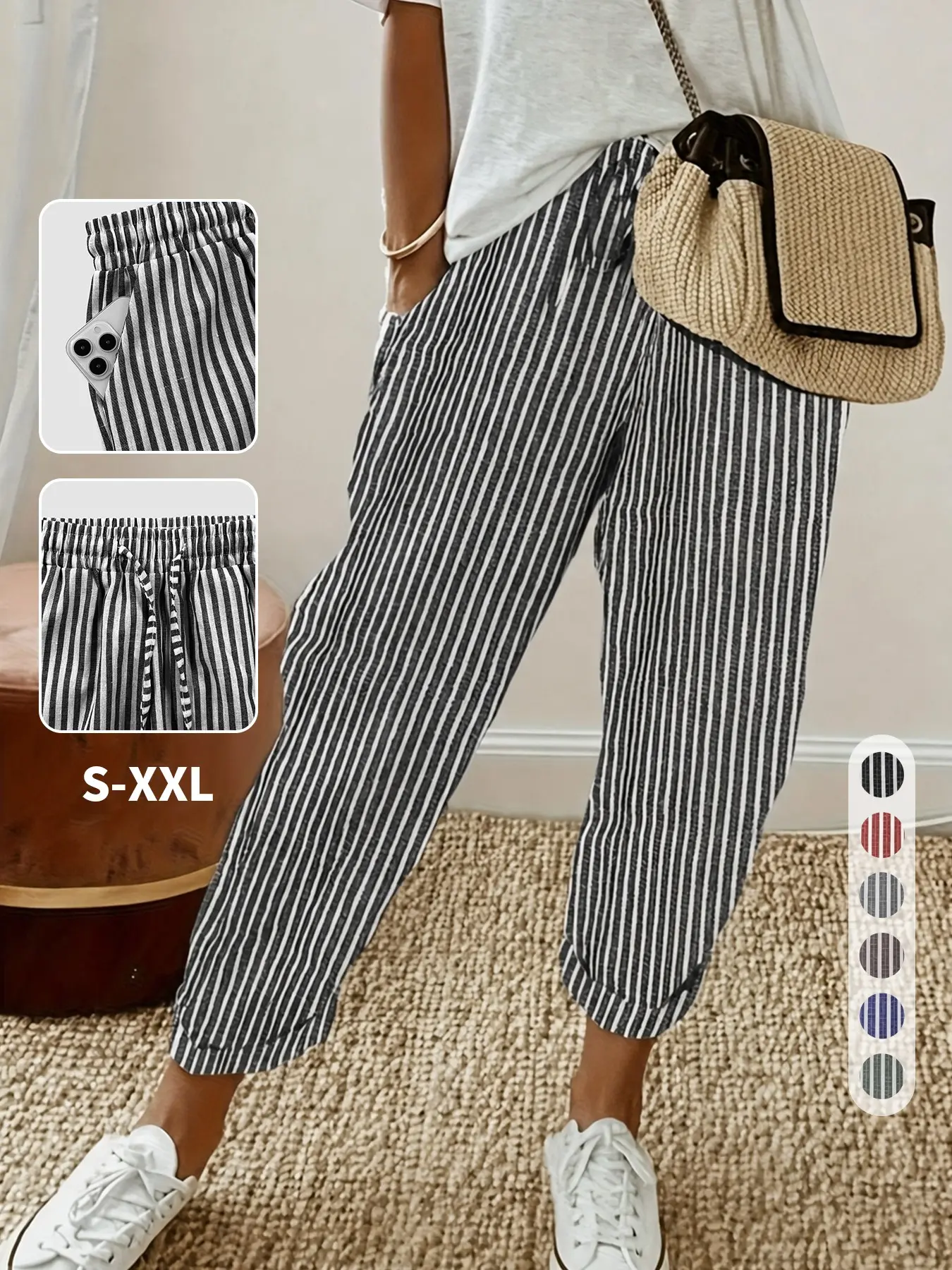 2026 Women's Striped Cropped Jogger Pants, High Waist with Drawstring, SidePockets, Cuffed Ankle Hem, Breathable Lightweight Fabric，summervibe