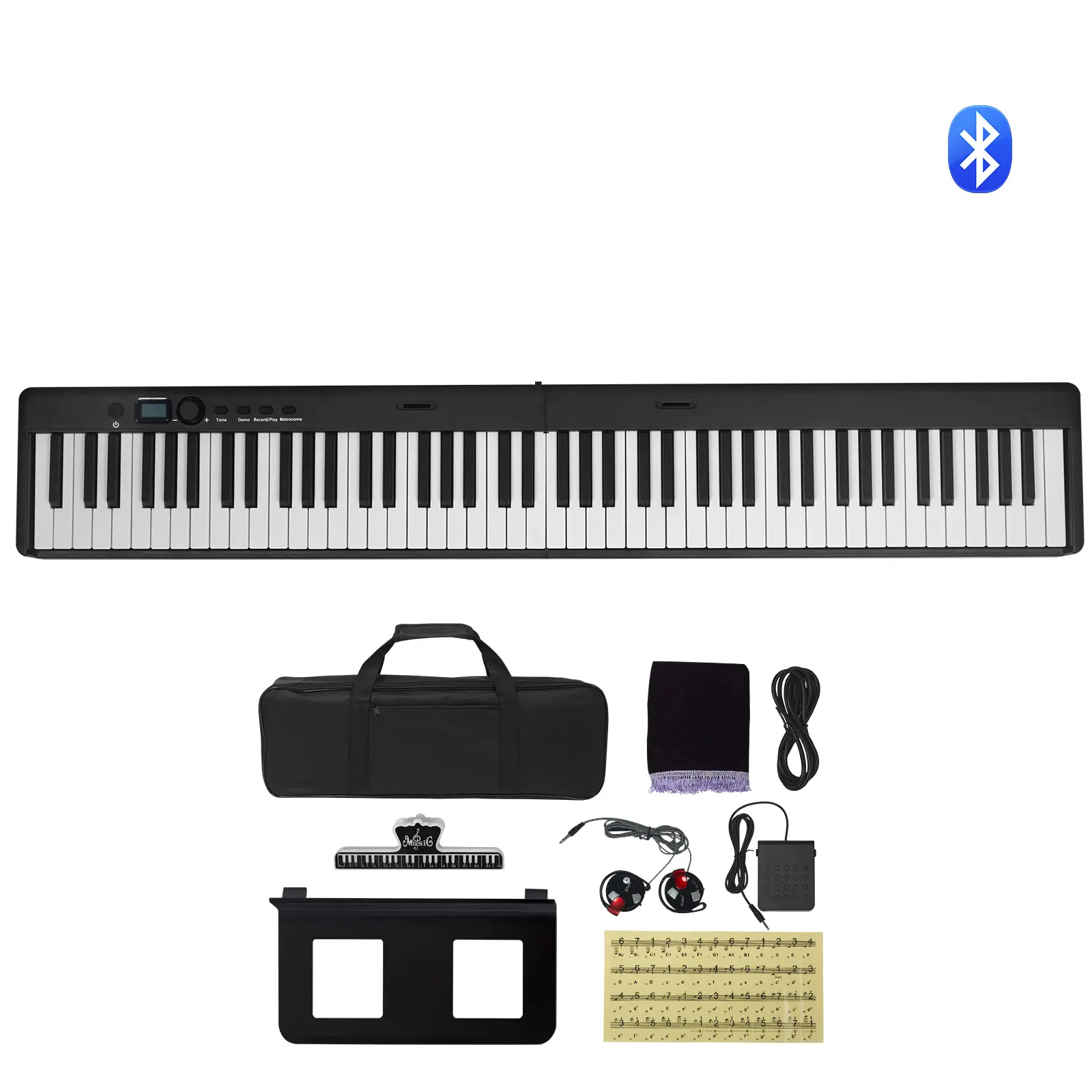 88 Key Folding Keyboard Piano, Bluetooth & MIDI, Portable Electronic Digital Foldable Piano with Sustain Pedal Bag Touch Sensitive Keys Headphones, Rechargeable for Beginners Teens Adults, Black