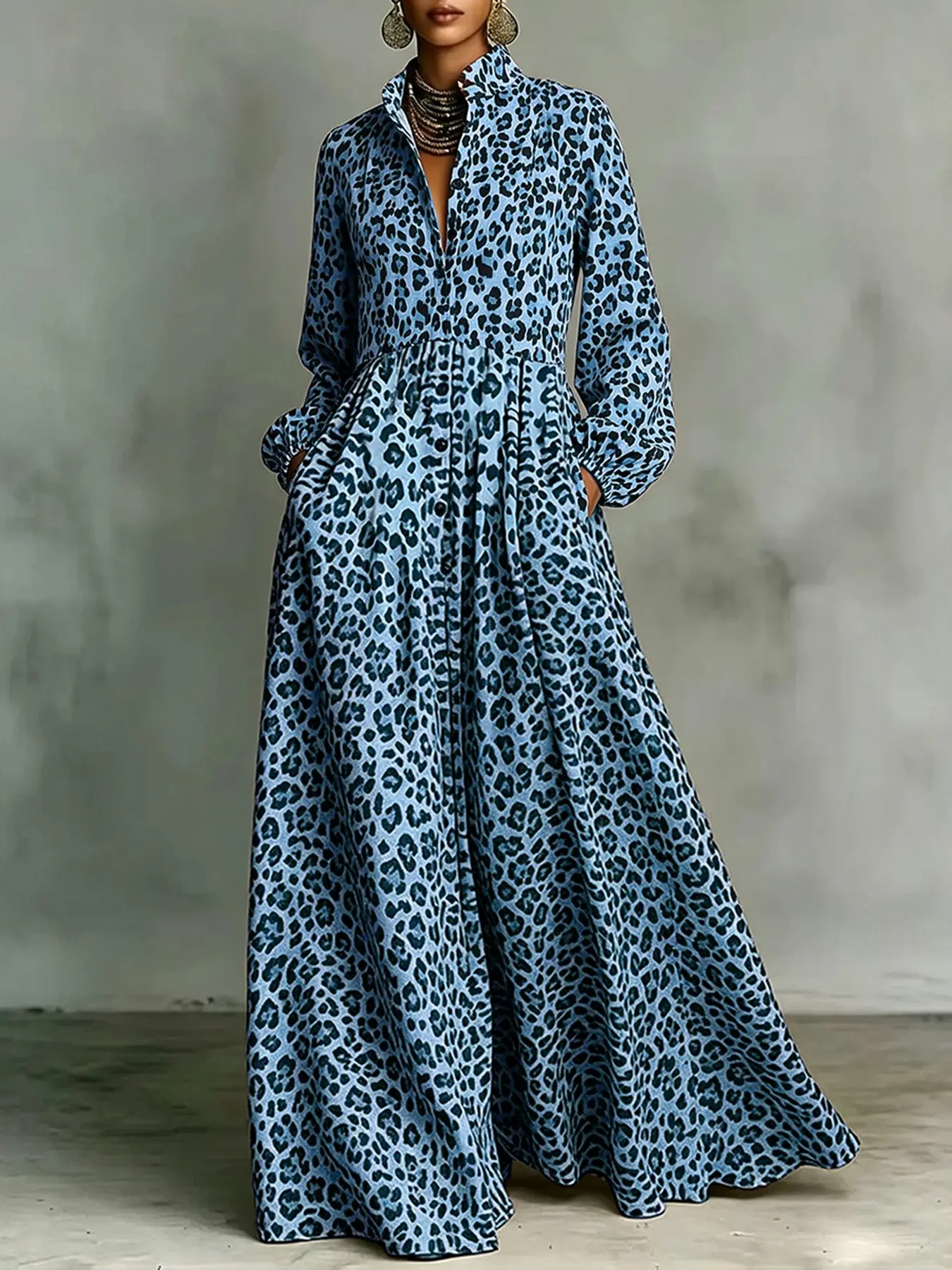 A-Line Long Sleeve Leopard Print Dress with Button, Pleat, and Pocket Design, Elegant, Stylish and Unique Women's Clothing Maxidresses