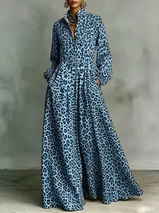 A-Line Long Sleeve Leopard Print Dress with Button, Pleat, and Pocket Design, Stylish and Unique Women's Clothing