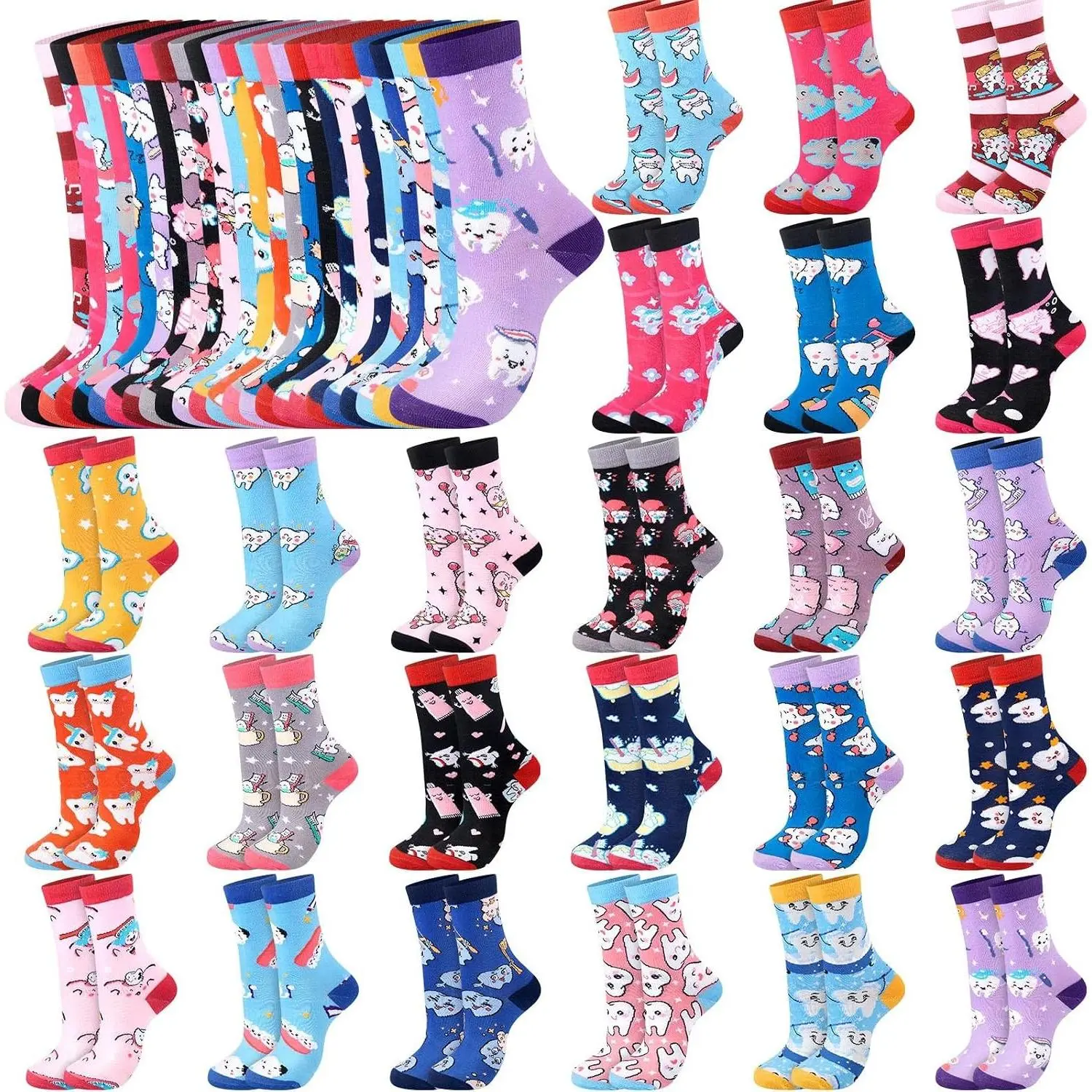 24 Pairs Funny Teeth Pattern Crew Socks Bulk - Cute Novelty Dental Socks for Dentist, Dental Assistant, Hygienist, Nurse Women, Christmas Winter Gifts, Sizes 6-12(Gift)