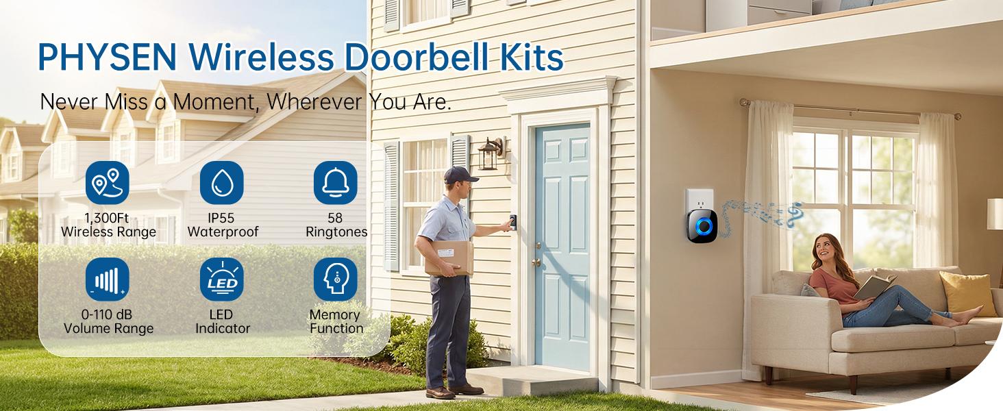 Wireless Doorbell, Classroom Door bell Chimes with Mute Mode - 58 Ringtones&5 Volume Levels Operating at 1300-ft Range LED Strobe, 2 Transmitters+3 Receivers Waterproof Doorbell Kit for Home