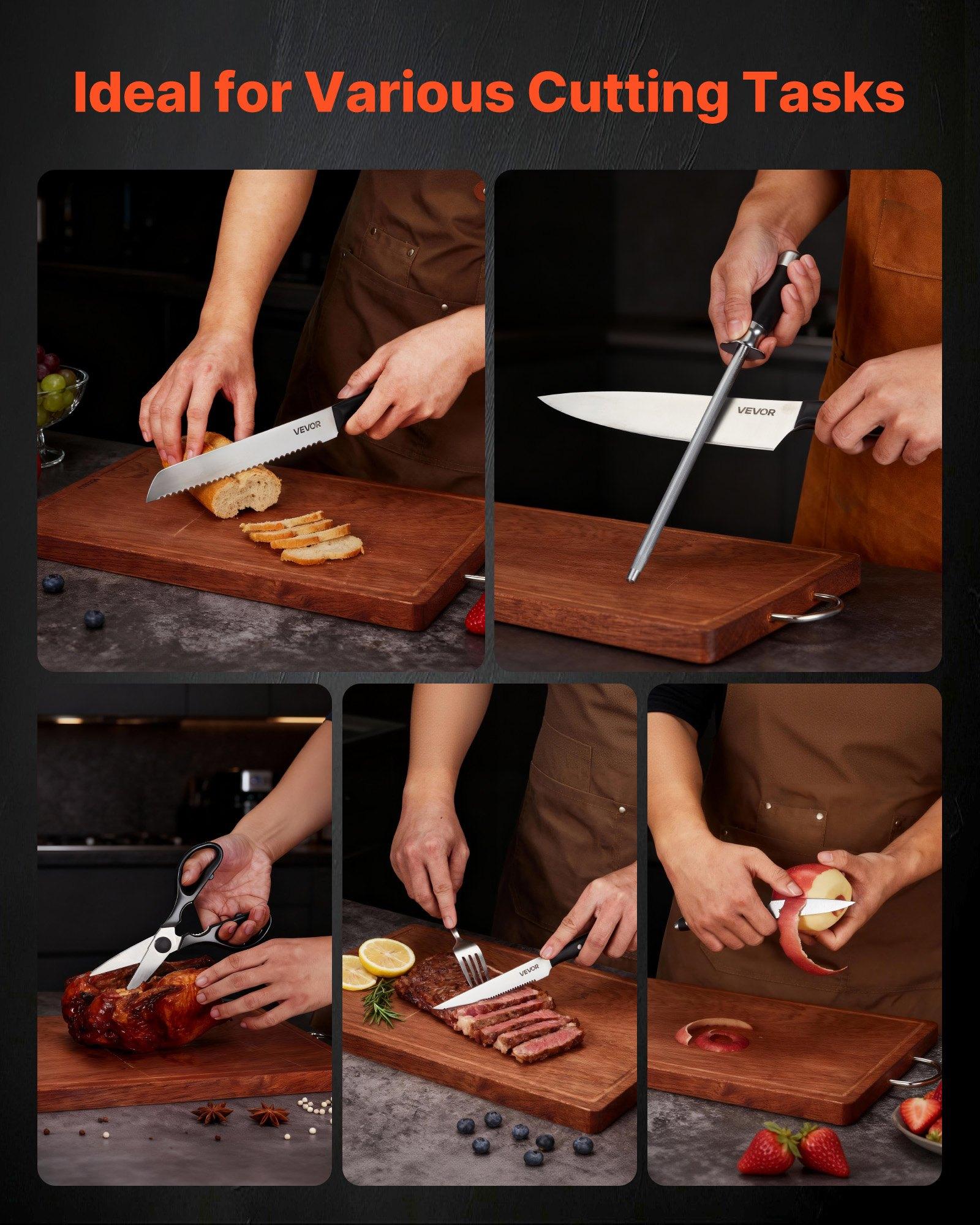 VEVOR 15-Pcs High Carbon Stainless Steel Knives Set with Premium Wooden Block, Sharpener, Steak Blade, Ergonomic Handle and Sharpening Rod for Home Cooks