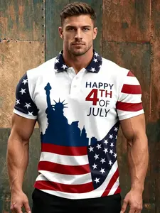Men's Casual Sporty Short Sleeve Polo Shirt, Patriotic Flag Print, Golf Fashion, Breathable Polyester, Daily Wear, Casual Breathable Sportswear