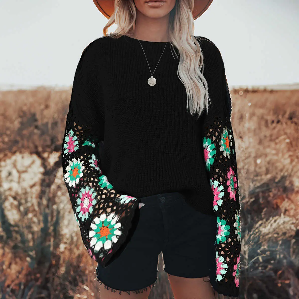 Women's Black Sweater with Floral Crochet Bell Sleeves, Comfy Loose Fit Ribbed Knit Pullover and Boat Neck Style