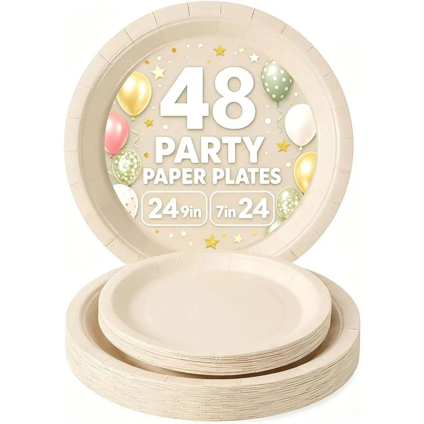 48 count Cream White Paper Plates Disposable, 24-9" & 24-7" Disposable Birthday Cake Dessert Plates For Valentines Day,  Shower, Easter Party