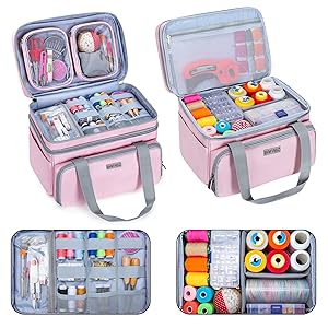 Layer Sewing Accessories Organizer with 2 Detachable Pouches, Large Sewing Bag for Sewing Tools (Bag ONLY), Pink