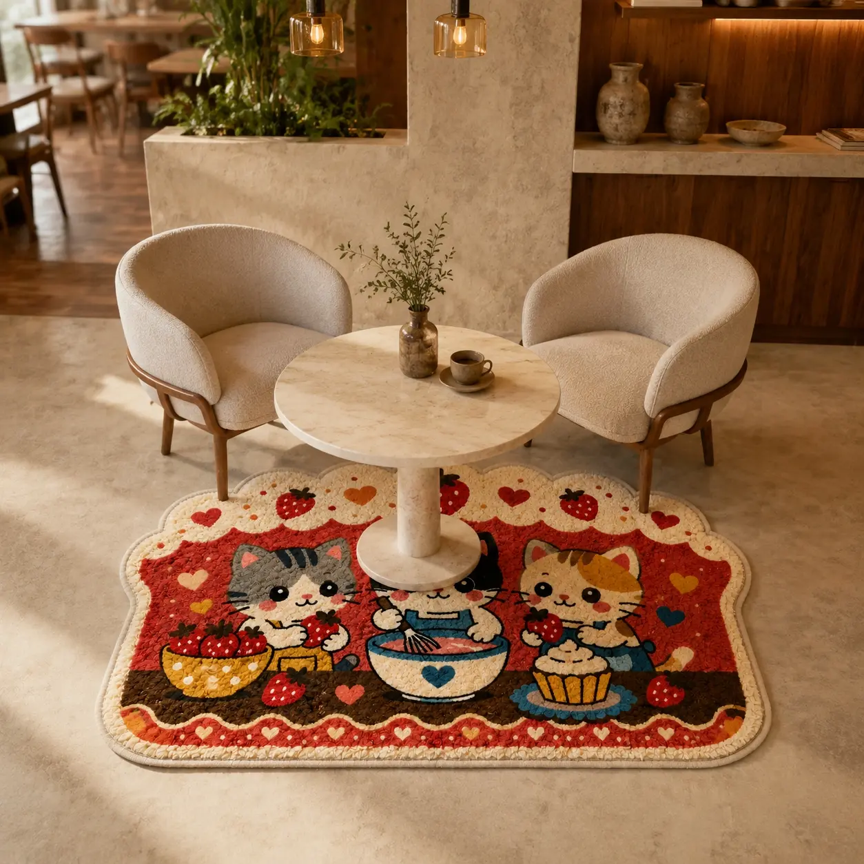 Cats Baking, strawberries, cake, heart patterns, mixing bowl, cupcake, apron, dessert, Red Beige Cartoon Cute Style Rectangular Printed Area Rug, Decorative Floor Carpet for Kitchen Kids' Room