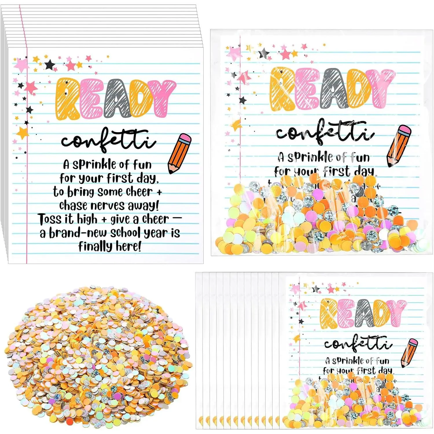 35 Sets Back to School Ready Confetti First Day of School Multicolor Table Ready Confetti Kit with Cards and Cellophane Bags Classroom Teacher Gifts Favor Celebration Decorations
