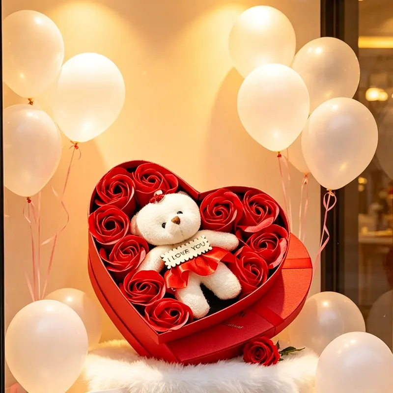 Heart‑Shaped Gift Box with Preserved Red Roses & Cute Plush Bear, Romantic I Love You Gift for Her, Valentine's Day Anniversary Birthday Present