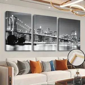 2D/Flat, 3-piece set of wooden framed canvas posters - Nighttime bridge skyline of New York City - Canvas wall art - Posters - Modern art home decor - Room decoration - Bathroom decoration and accessories - Wall decoration - Living room decoration - Bedro