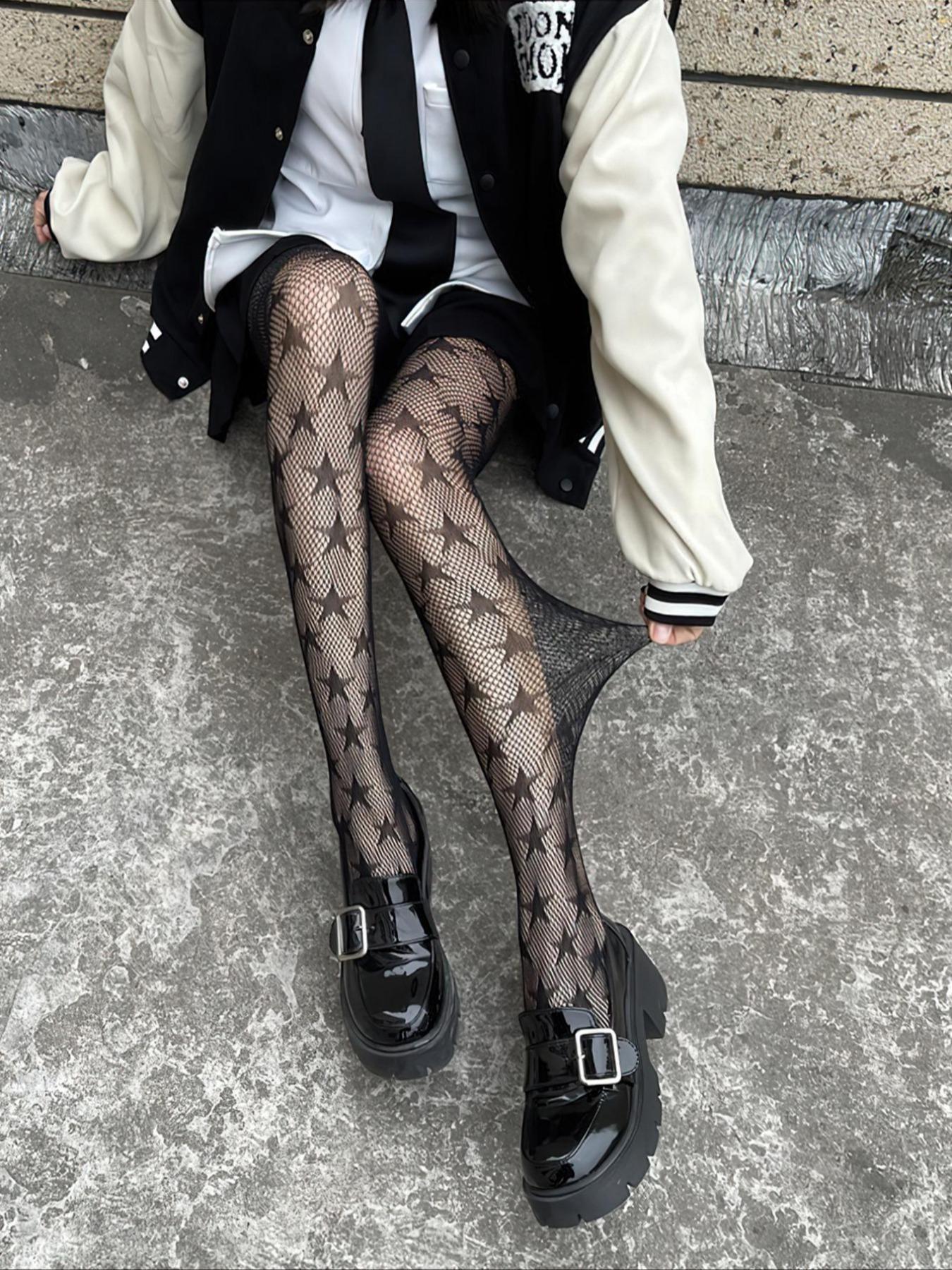 Women's 1 Pair Star Print Sheer Fishnet Tights, Fashion Casual Comfy Hollow Out High Waist Pantyhose for Daily Outdoor Wear, Women's Stockings for Spring & Summer Underwear